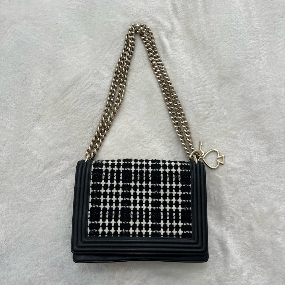 Kate Spade Reese Park Marci Black and White Tweed Checkered Bag Gold Chain